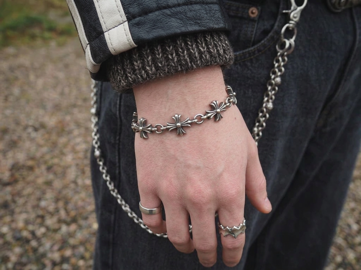 Division 99 lookbook — cross link bracelet worn with wallet chain